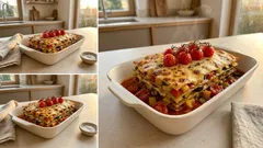 Vegane Lasagne mit Cherrytomaten: cremig, bunt und im Ofen goldbraun überbacken