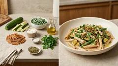 Schnelle Vollkorn-Nudelpfanne mit Zucchini, Bohnen und Frischkäse-Creme