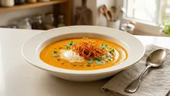 Cremige Karottensuppe mit Ingwer & Curry – mit Crème fraîche und knusprigen Möhrenchips